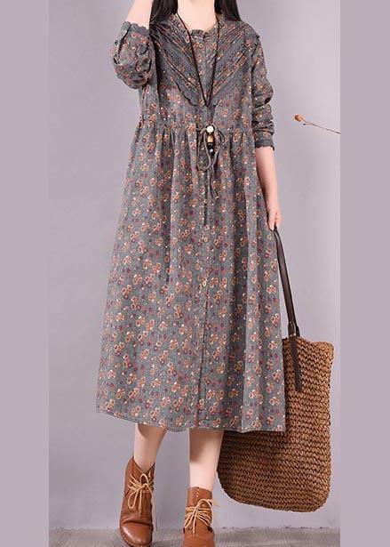 Organic O Neck Patchwork Spring Tunic Pattern Shirts Gray Print Maxi Dresses - SooLinen