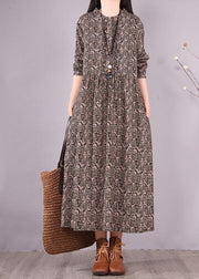 Organic O Neck Pockets Spring Tunics Shape Black Print Long Dress - SooLinen