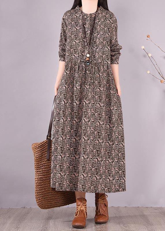 Organic O Neck Pockets Spring Tunics Shape Black Print Long Dress - SooLinen