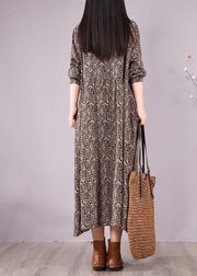 Organic O Neck Pockets Spring Tunics Shape Black Print Long Dress - SooLinen