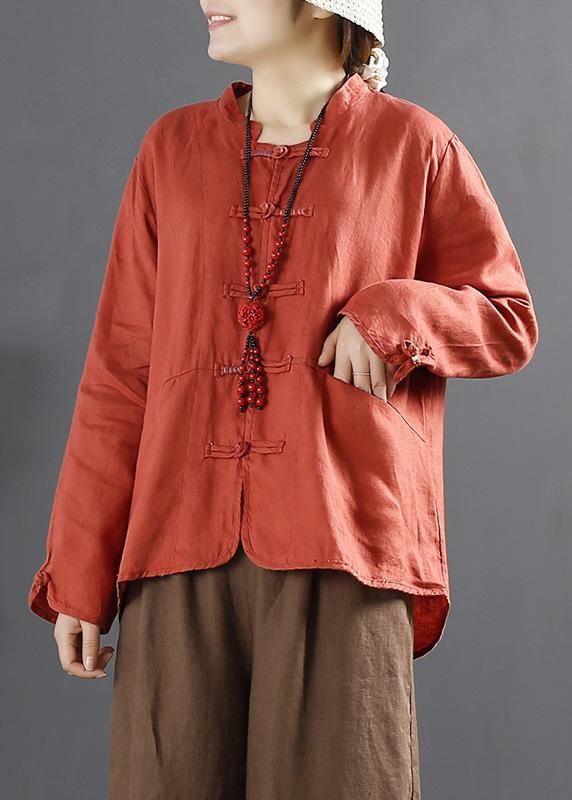 Organic Orange Chinese Button Silhouette Blouses - SooLinen