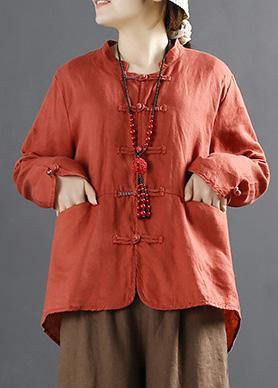 Organic Orange Chinese Button Silhouette Blouses - SooLinen