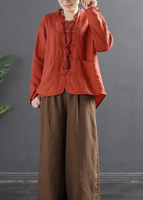 Organic Orange Chinese Button Silhouette Blouses - SooLinen