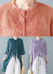 Organic Orange Embroideried Linen Shirt Top Half Sleeve