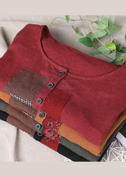 Organic Red Button Short Sleeve Cotton Linen Shirt Tops - SooLinen