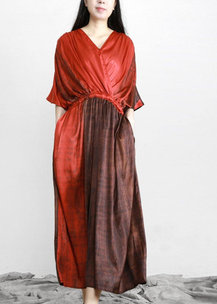 Organic Red Drawstring V Neck Silk Dress - SooLinen