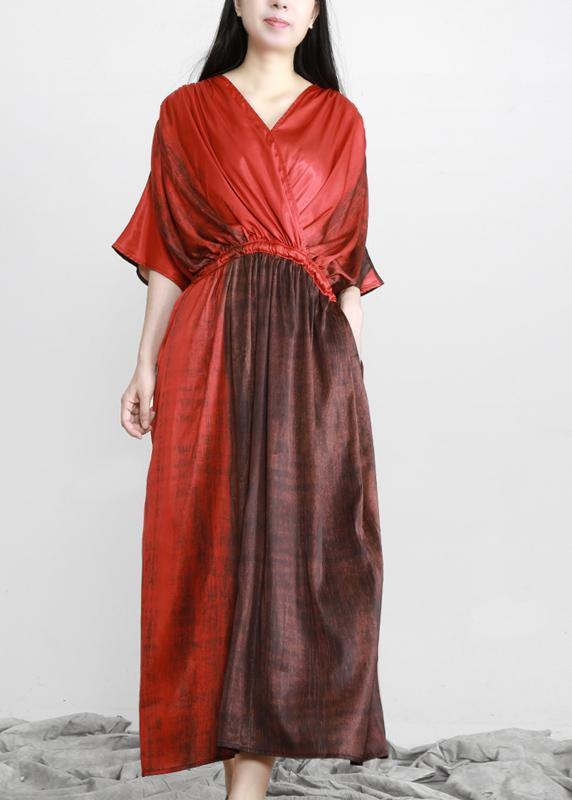 Organic Red Drawstring V Neck Silk Dress - SooLinen