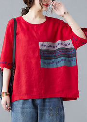 Organic Red Embroideried Patchwork Shirt Half Sleeve