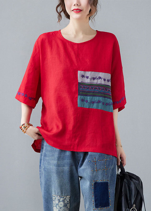 Organic Red Embroideried Patchwork Shirt Half Sleeve