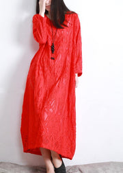 Organic Red Jacquard O-Neck Loose Silk Dress Summer - SooLinen