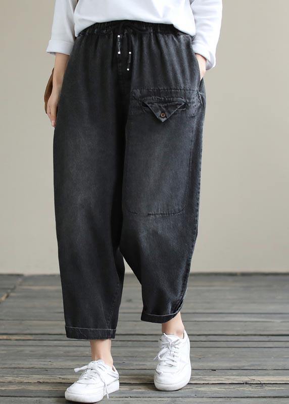 Organic Spring Casual Pants Denim Black Fabrics Cinched Pants - SooLinen