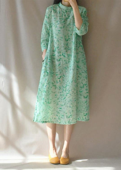 Organic Stand Collar Pockets Tunics Work Outfits Green Leaves Robe Dress - SooLinen