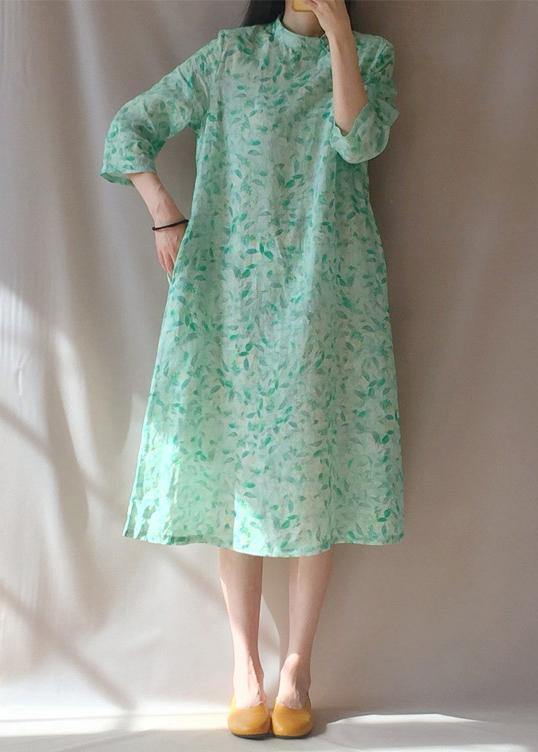 Organic Stand Collar Pockets Tunics Work Outfits Green Leaves Robe Dress - SooLinen