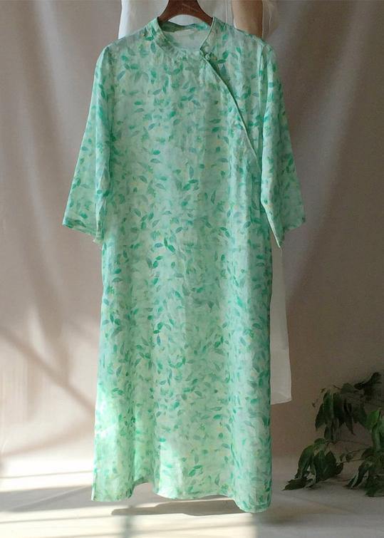 Organic Stand Collar Pockets Tunics Work Outfits Green Leaves Robe Dress - SooLinen