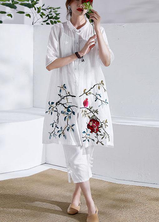 Organic White Button Embroideried Summer Ramie Loose Coat Half Sleeve - SooLinen