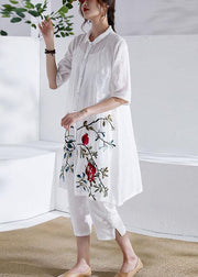 Organic White Button Embroideried Summer Ramie Loose Coat Half Sleeve - SooLinen