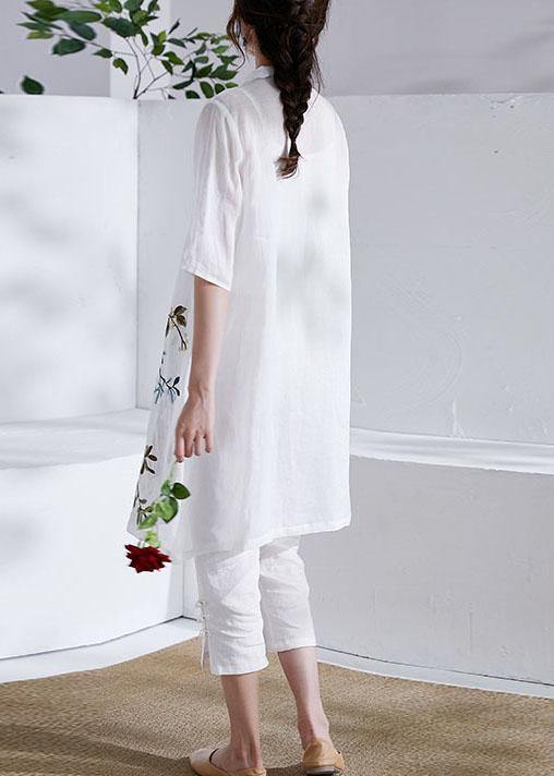 Organic White Button Embroideried Summer Ramie Loose Coat Half Sleeve - SooLinen