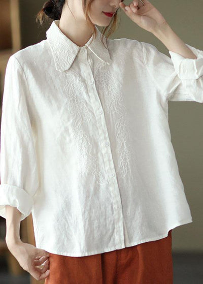 Organic White Loose Embroideried Fall Linen Long Sleeve Blouse Tops - SooLinen