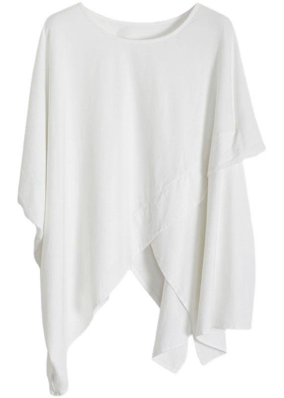 Organic White O Neck Asymmetric Cotton Tops - SooLinen