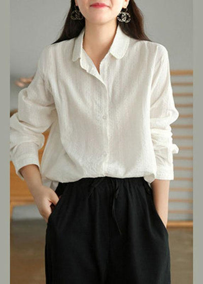 Organic White Peter Pan Collar Button Fall Top Long Sleeve - SooLinen