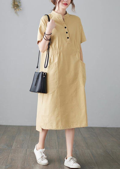 Organic Yellow Cinched Pockets Summer Cotton Dress - SooLinen