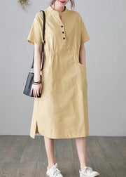 Organic Yellow Cinched Pockets Summer Cotton Dress - SooLinen