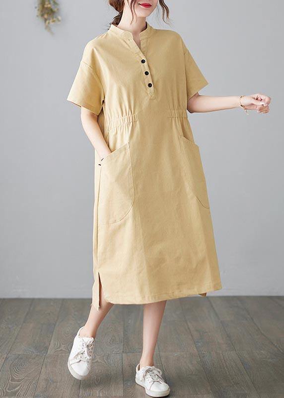 Organic Yellow Cinched Pockets Summer Cotton Dress - SooLinen