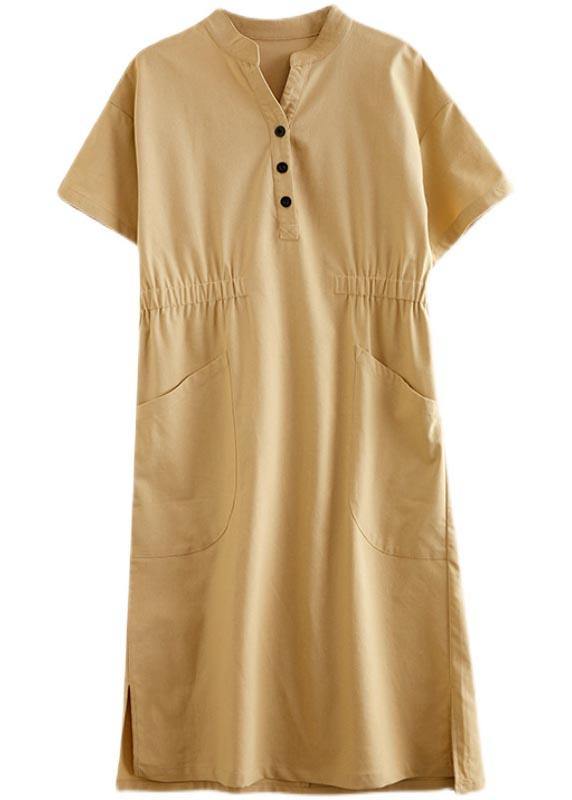 Organic Yellow Cinched Pockets Summer Cotton Dress - SooLinen