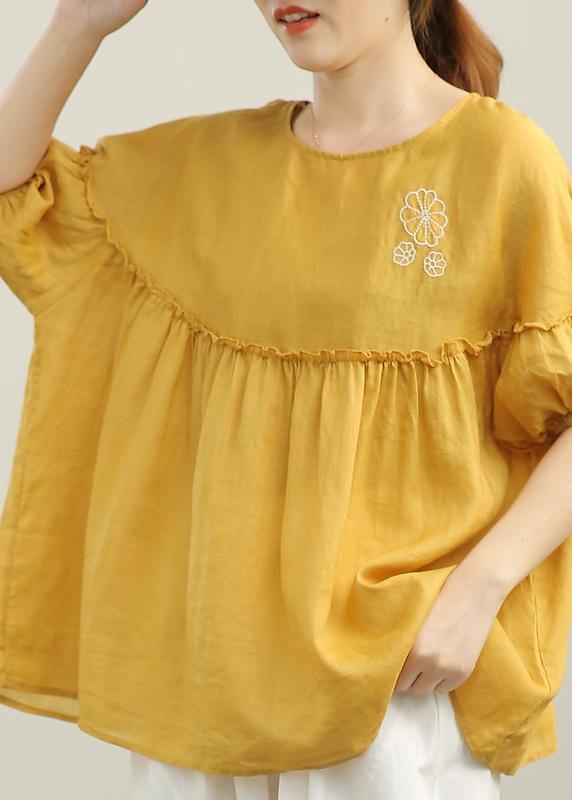 Organic Yellow Embroideried Cinched Cotton Shirt Summer - SooLinen