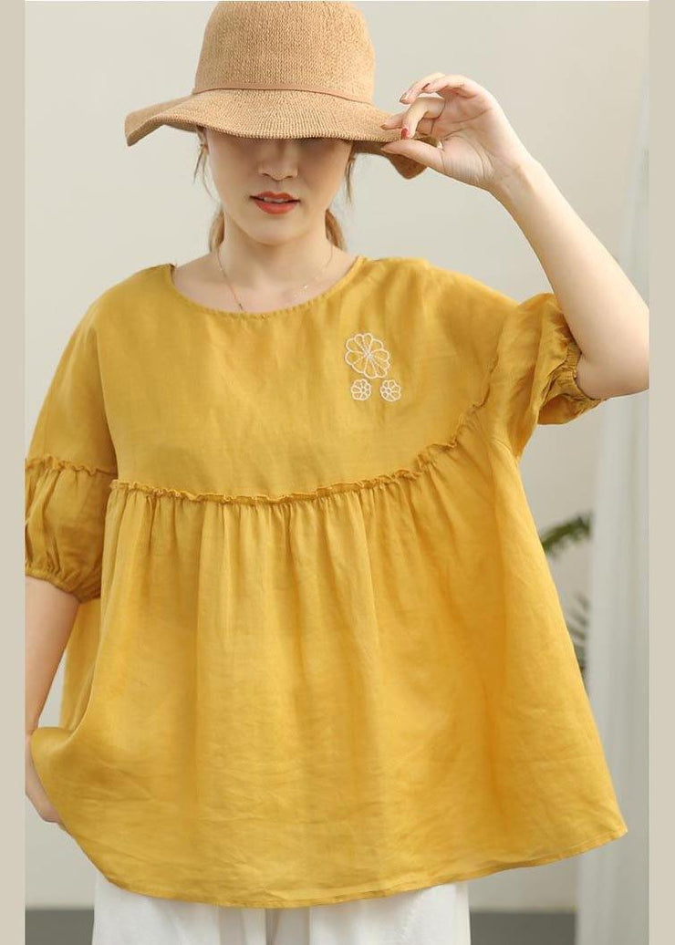 Organic Yellow Embroideried Cinched Cotton Shirt Summer - SooLinen