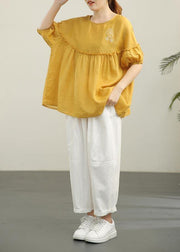 Organic Yellow Embroideried Cinched Cotton Shirt Summer - SooLinen