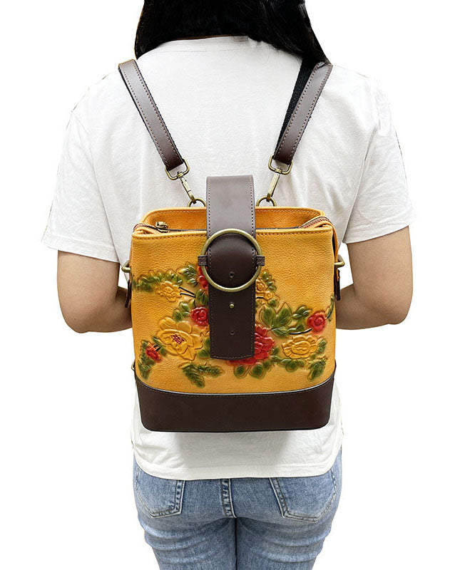 Organic Yellow Floral Paitings Calf Leather Messenger Bag