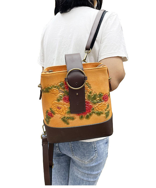 Organic Yellow Floral Paitings Calf Leather Messenger Bag