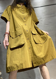 Organic Yellow Loose Button Pockets Fall Half Sleeve Maxi Dress