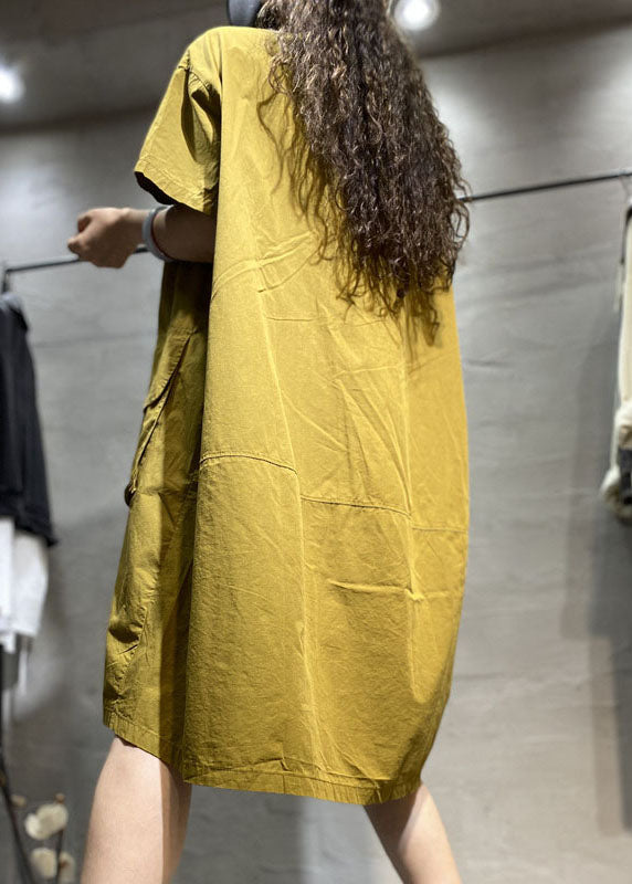 Organic Yellow Loose Button Pockets Fall Half Sleeve Maxi Dress