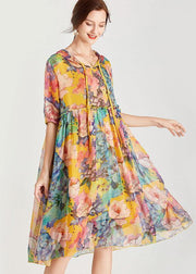 Organic Yellow Patchwork Print Summer Chiffon Dresses - SooLinen