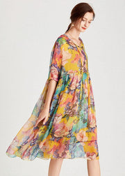 Organic Yellow Patchwork Print Summer Chiffon Dresses - SooLinen