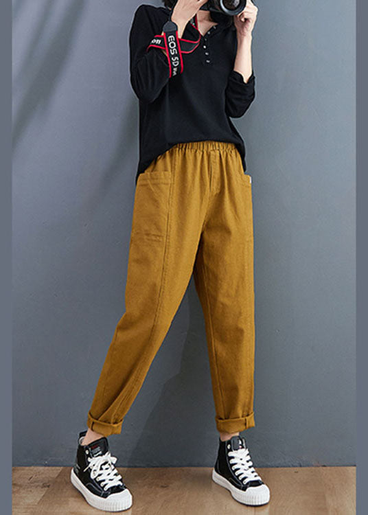 Organic Yellow Pockets Patchwork Cotton Pants Spring