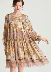 Organic Yellow Print Patchwork Lace Mid Dress Fall Chiffon Dress