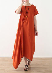 Organic asymmetric design hem linen clothes short sleeve long orange Dresses - SooLinen