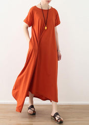 Organic asymmetric design hem linen clothes short sleeve long orange Dresses - SooLinen