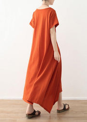 Organic asymmetric design hem linen clothes short sleeve long orange Dresses - SooLinen