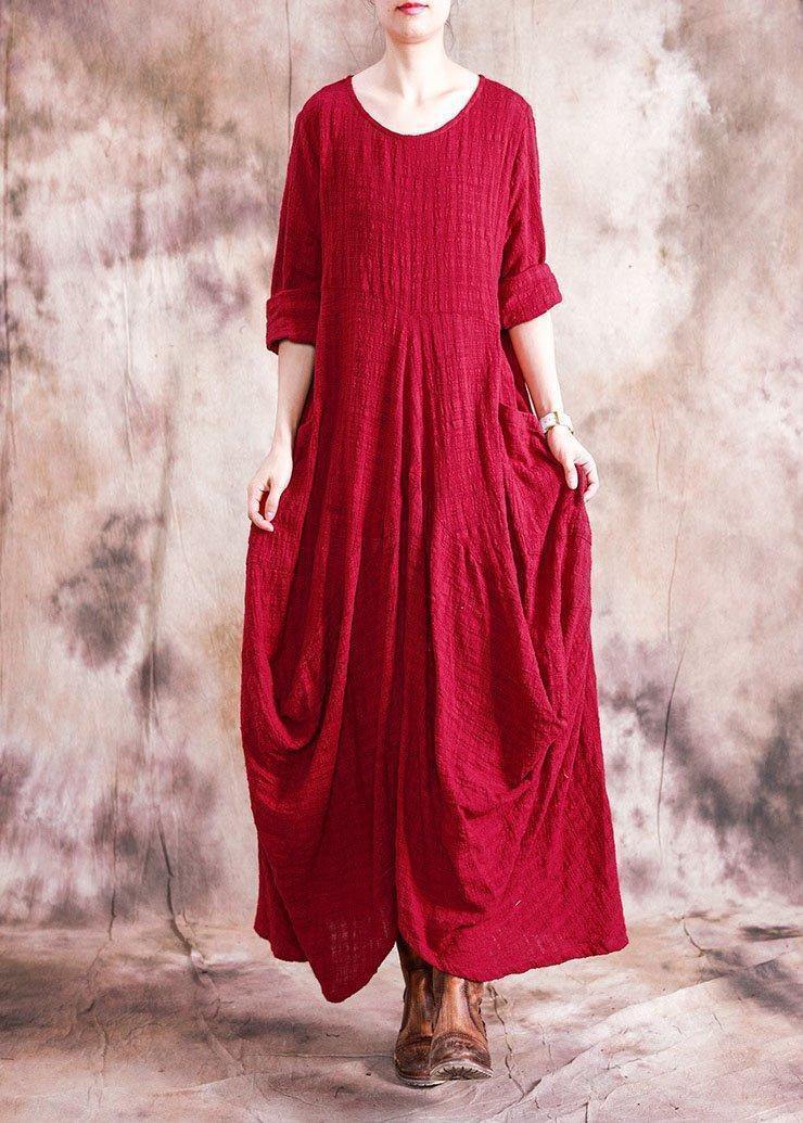 Organic asymmetric linen clothes For Women Fabrics red Dress fall - SooLinen