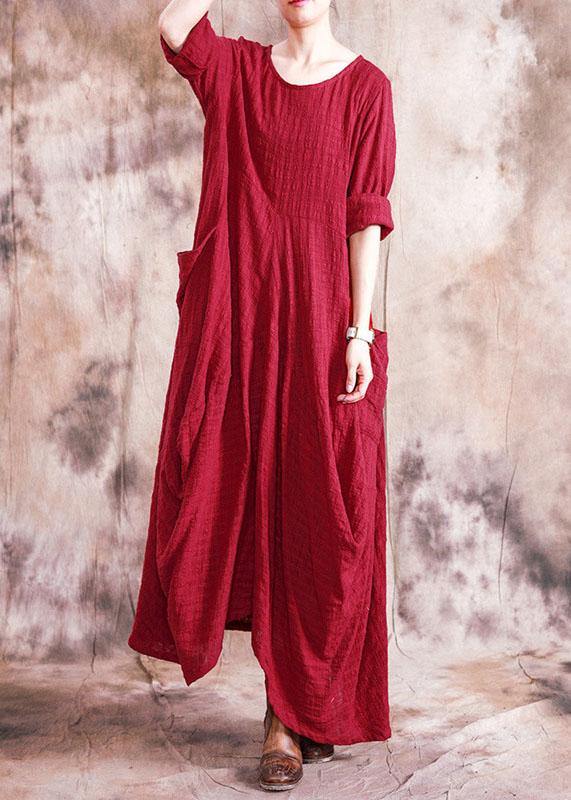 Organic asymmetric linen clothes For Women Fabrics red Dress fall - SooLinen