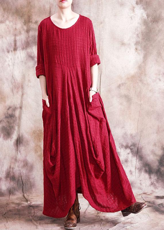 Organic asymmetric linen clothes For Women Fabrics red Dress fall - SooLinen