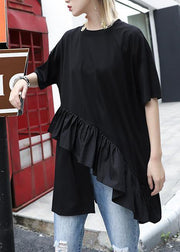 Organic black cotton Blouse rrffles hem oversized summer tops - SooLinen