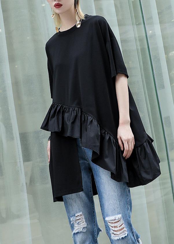 Organic black cotton Blouse rrffles hem oversized summer tops - SooLinen