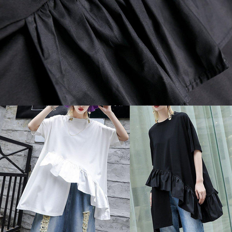 Organic black cotton Blouse rrffles hem oversized summer tops - SooLinen