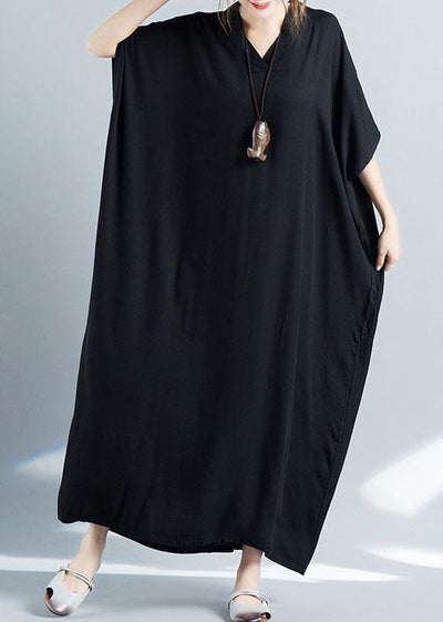 Organic black cotton quilting dresses v neck baggy long summer Dresses - SooLinen