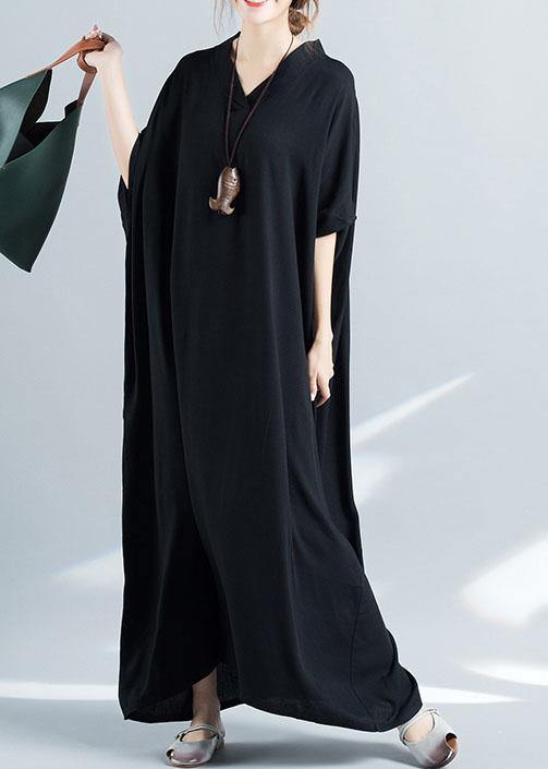 Organic black cotton quilting dresses v neck baggy long summer Dresses - SooLinen